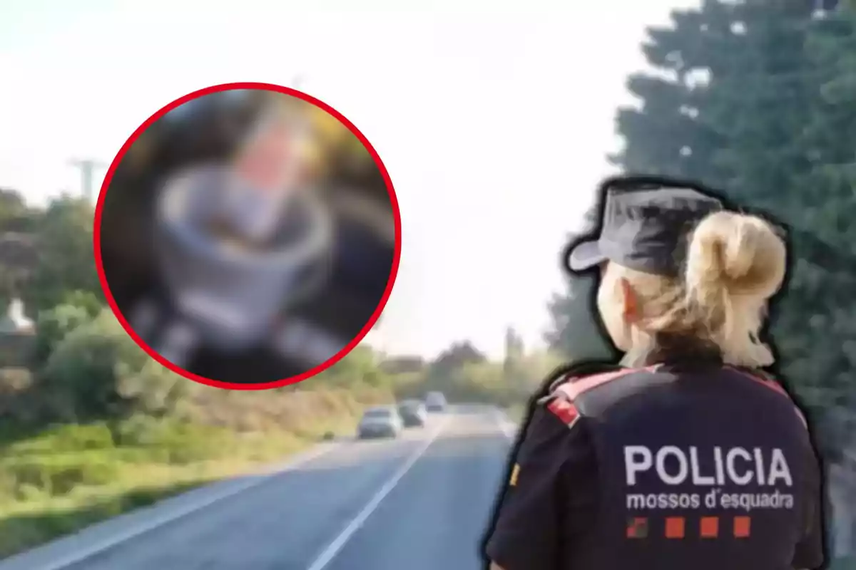 Una agente de policía de espaldas en una carretera con un círculo rojo que destaca un objeto borroso.