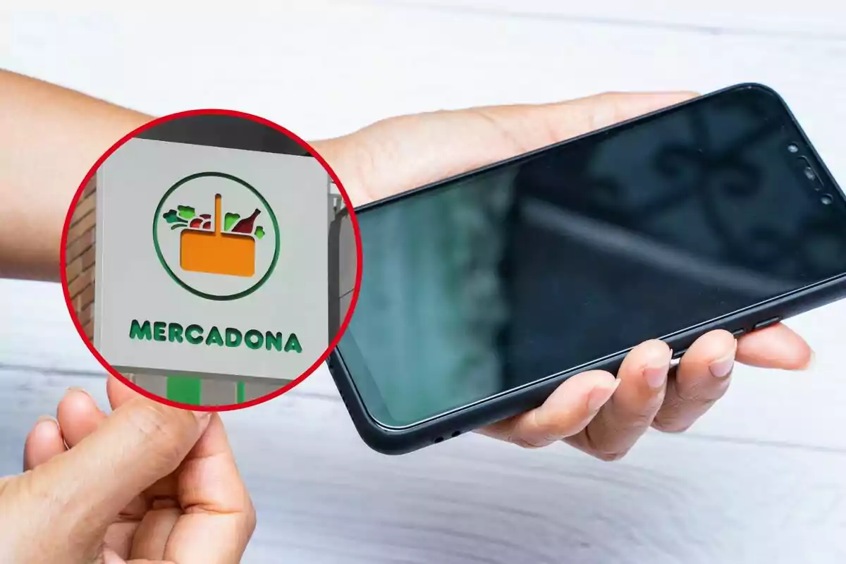 Muntatge amb un logotip de Mercadona i un mòbil de color negre