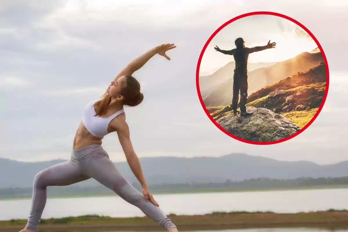 Una mujer haciendo yoga al aire libre con una imagen superpuesta de una persona en una montaña al atardecer.