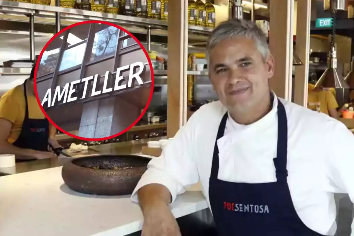 Un chef sonriente con delantal en una cocina moderna con un logotipo de "AMETLLER" en un círculo rojo superpuesto.