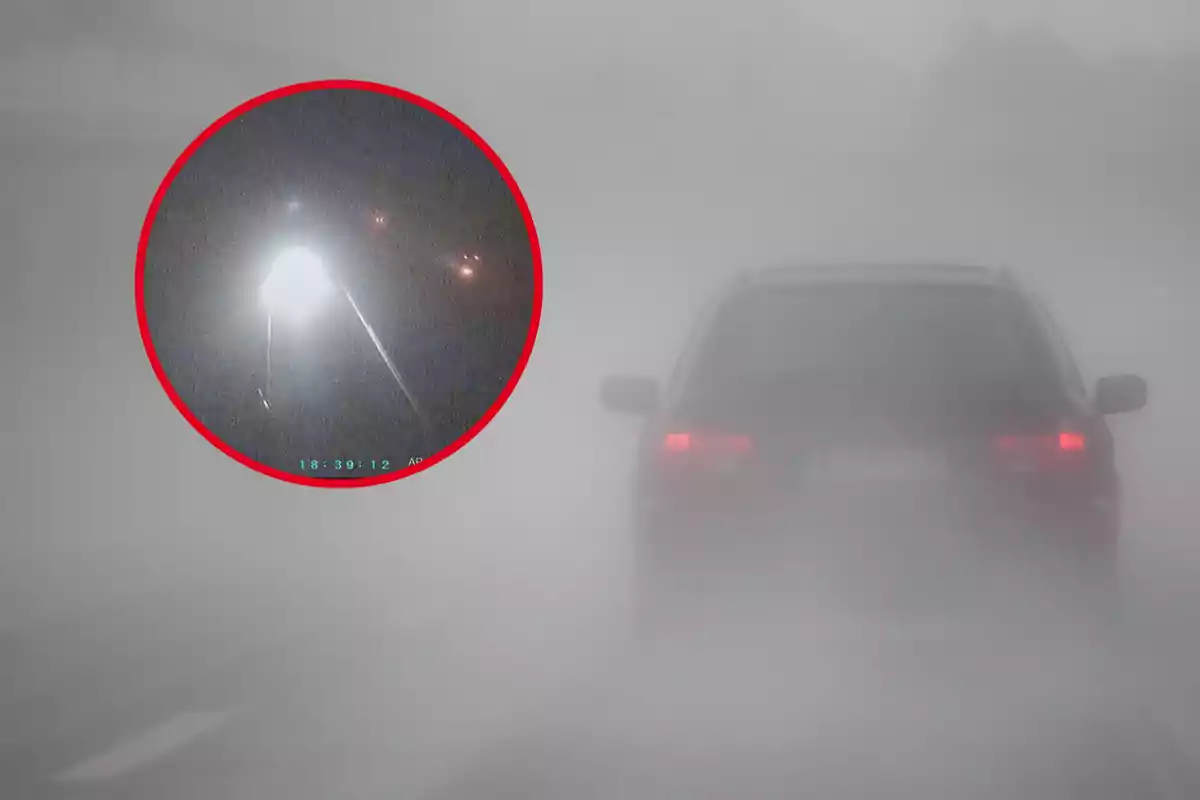 Un coche circula por una carretera con niebla densa y un recuadro muestra una luz intensa en la oscuridad.