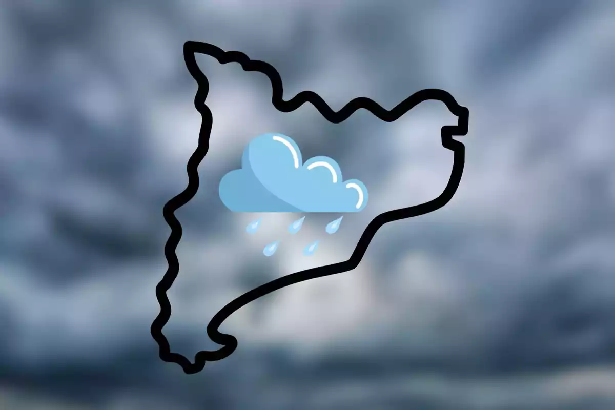 Mapa de una región con un icono de nube y lluvia sobre un fondo de cielo nublado.