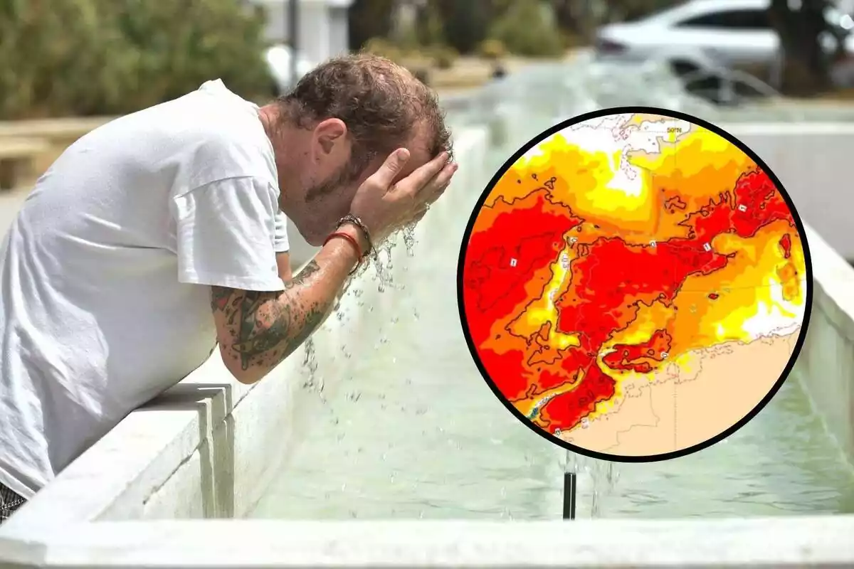 Muntatge d'un home refrescant-se la cara a una font del carrer i una rodona amb un mapa meteorològic mostrant calor Muntatge d'un home refrescant-se la cara a una font del carrer i una rodona amb un mapa meteorològic mostrant calor