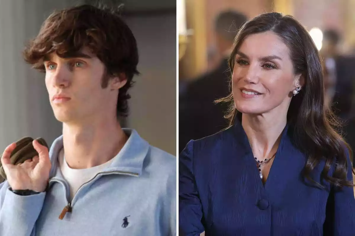 Montaje de Pablo Urdangarin serio con un jersey gris y Letizia sonriendo con una blusa azul Montaje de Pablo Urdangarin serio con un jersey gris y Letizia sonriendo con una blusa azul