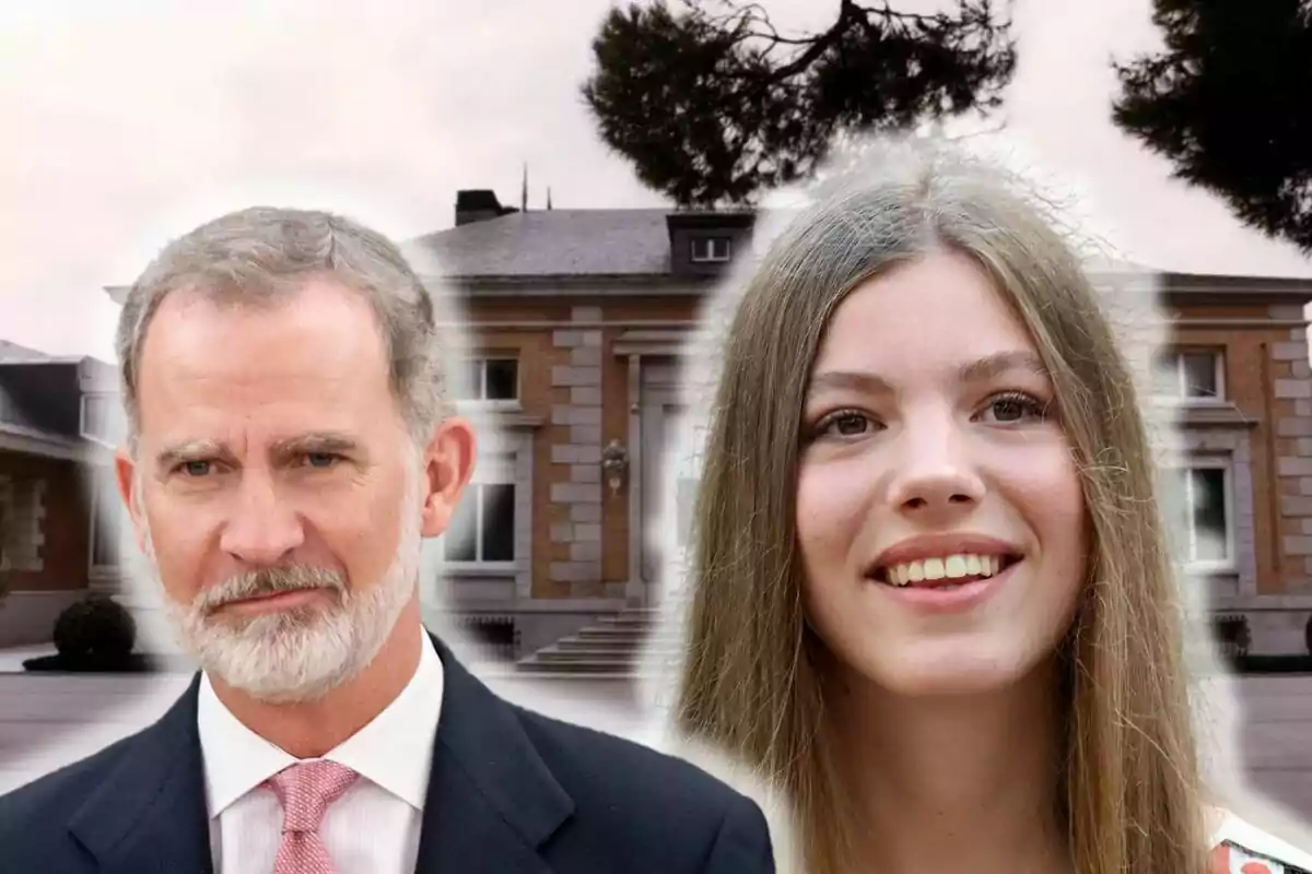 Montage of the Zarzuela Palace, Felipe VI smiling in a black suit and red tie and Infanta Sofía smiling