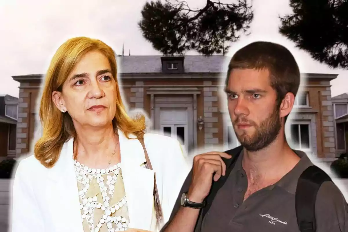Infanta Cristina and Juan Urdangarin in front of a building with trees in the background.