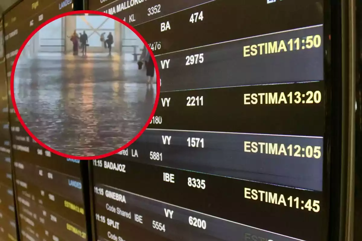 Pantalla de información de vuelos en un aeropuerto con un círculo que muestra una zona inundada.