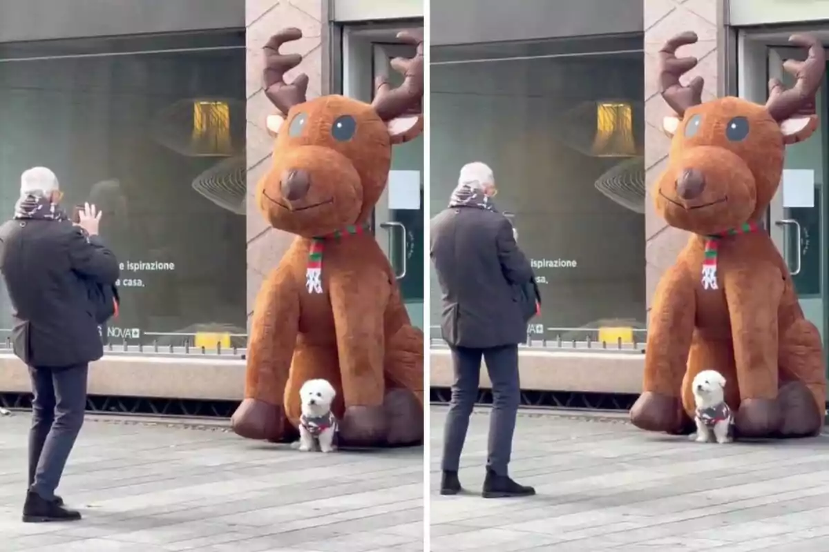 Un hombre toma una foto de un perro pequeño que está sentado frente a un gran reno inflable en la calle.