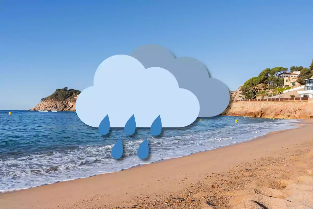 Playa soleada con un gráfico de nube y gotas de lluvia superpuesto.