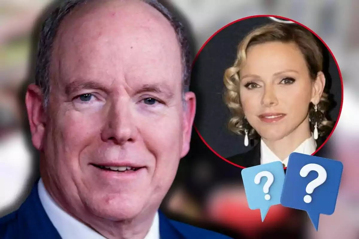 Alberto de Mònaco amb vestit blau i Charlene en un cercle vermell amb signes d'interrogació.