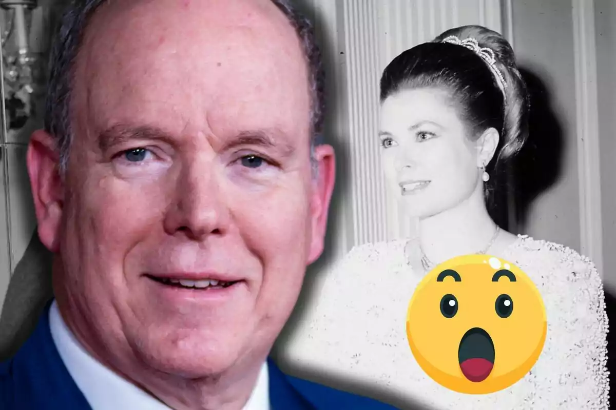 Alberto de Mónaco sonriente en primer plano con una imagen en blanco y negro de Grace Kelly elegante al fondo y un emoji sorprendido superpuesto.