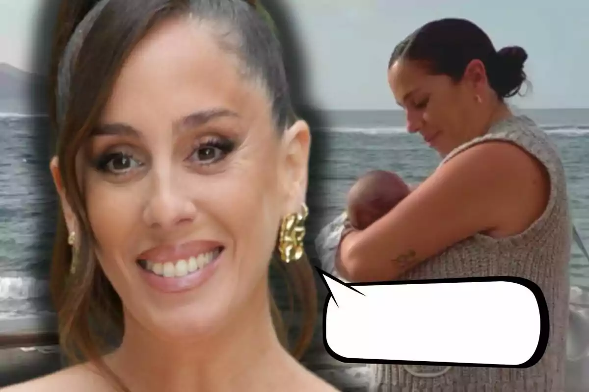 Anabel Pantoja somrient amb arracades daurades i cabell recollit apareix en primer pla, mentre que al fons ella sosté un nadó a prop del mar, amb un globus de diàleg buit.
