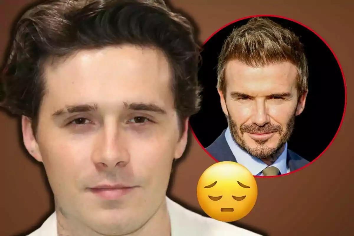 Close-up of Brooklyn Beckham with a serious expression; in the background, David Beckham’s face appears inside a red circle and a sad face emoji.