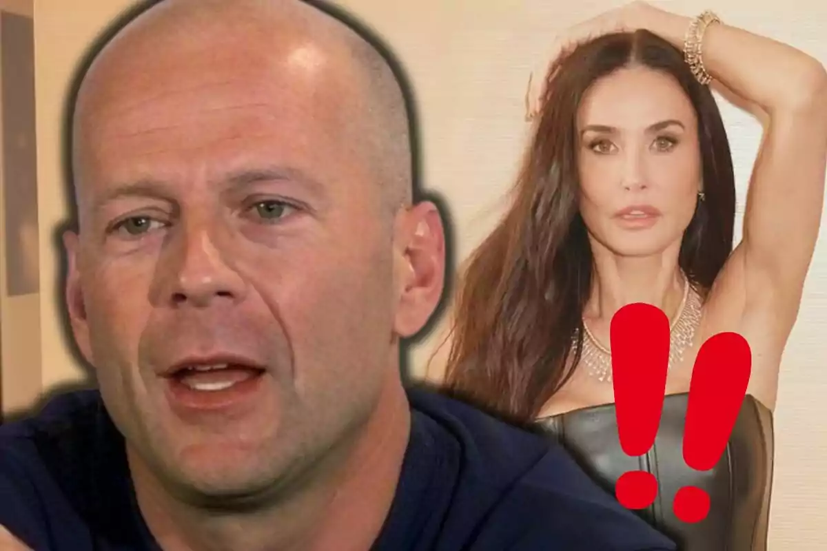 A bald man in the foreground and a woman with long hair behind, with red exclamation marks overlaid.