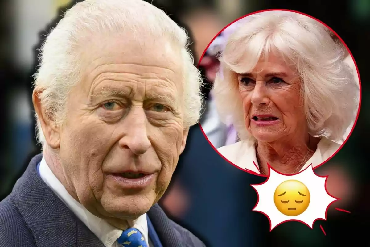 Carlos III conexpresión seria está en primer plano, mientras que en un círculo a su lado aparece la reina Camila con expresión preocupada, acompañada de un emoji de cara pensativa.