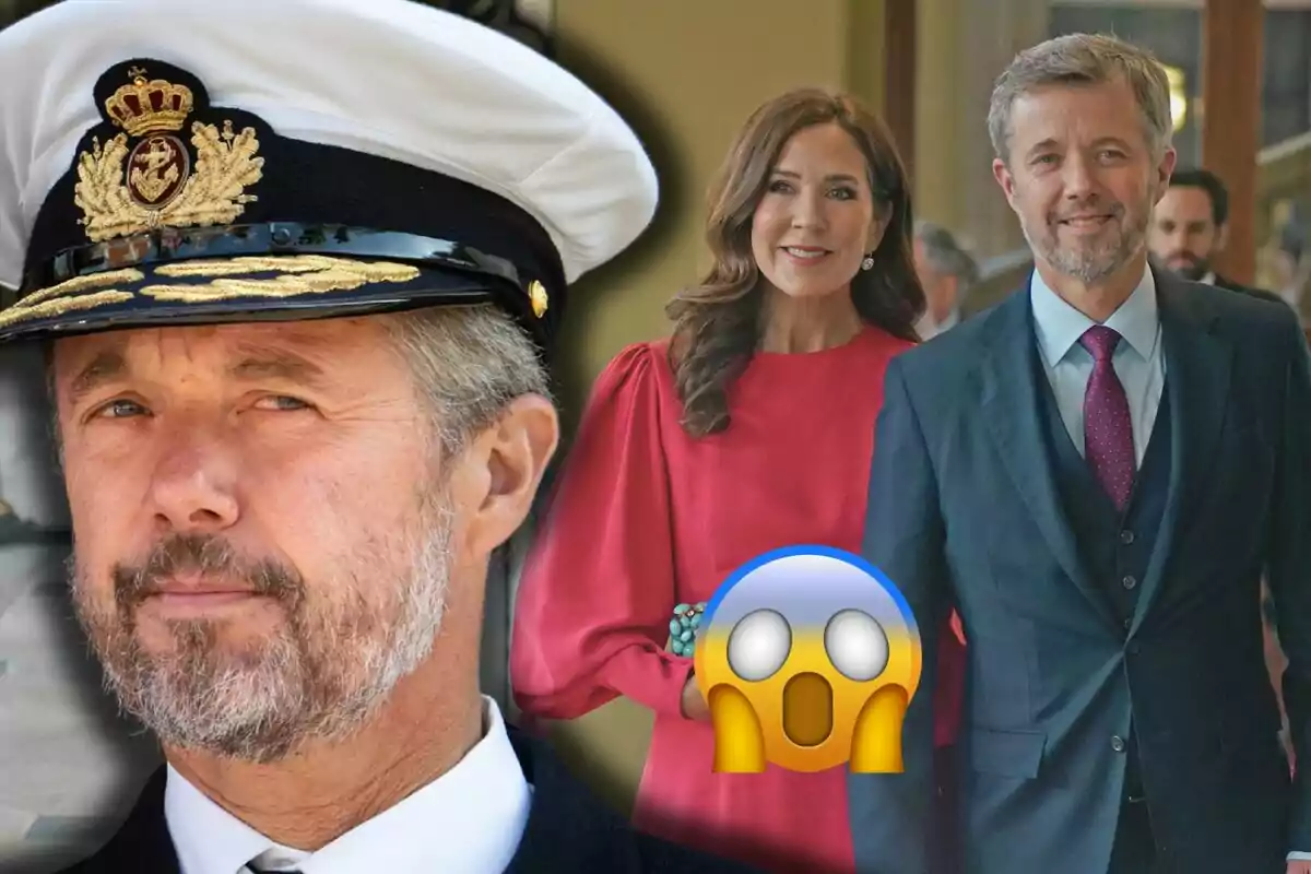 Frederic de Dinamarca amb uniforme de capità i ell amb Mary elegantment vestida caminant junts, amb un emoji sorprès superposat.