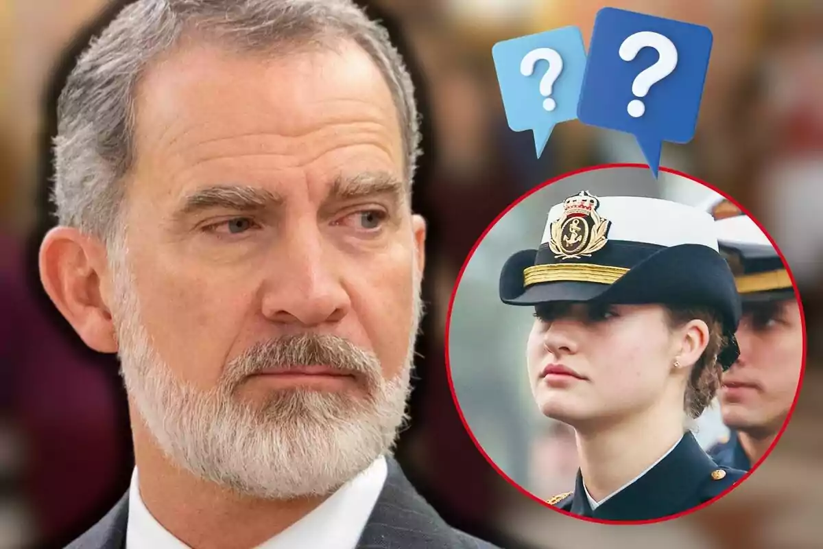 Felipe VI mira hacia un lado mientras en un círculo rojo aparece la princesa Leonor vestida con uniforme militar y dos burbujas de diálogo con signos de interrogación.
