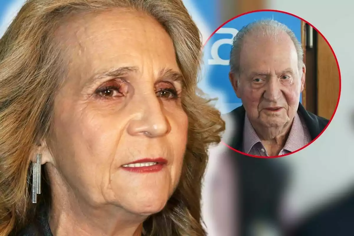Infanta Elena with blonde hair and a serious expression in the foreground and Juan Carlos I in a circular inset in the background.