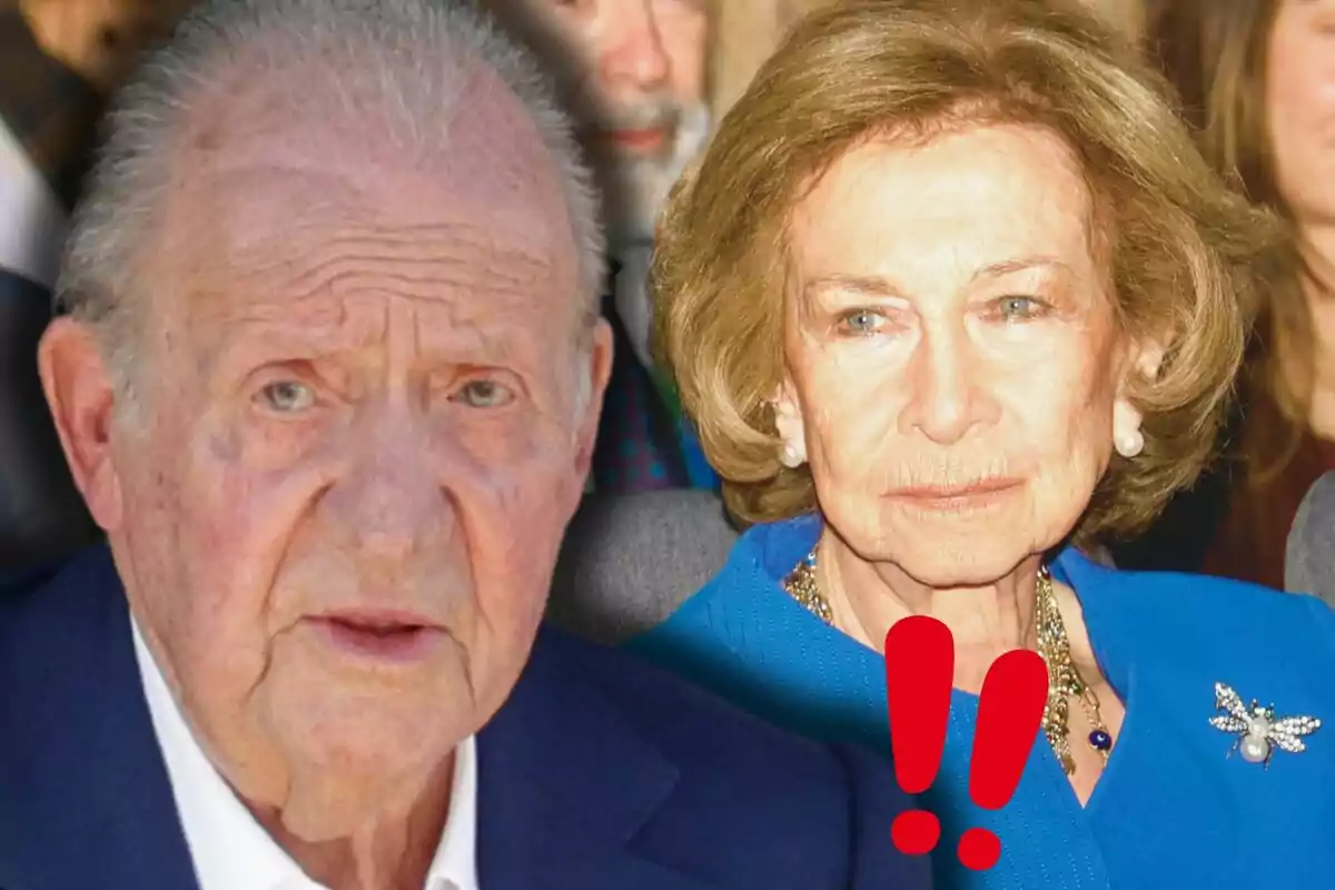 Juan Carlos I and Queen Sofía with serious expressions and two red exclamation marks in front of them