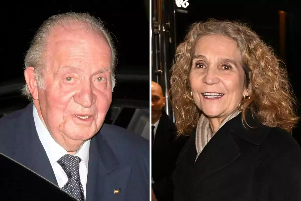Juan Carlos I y la infanta Elena, un hombre y una mujer, posan sonrientes en un evento nocturno. Juan Carlos I y la infanta Elena, un hombre y una mujer, posan sonrientes en un evento nocturno.