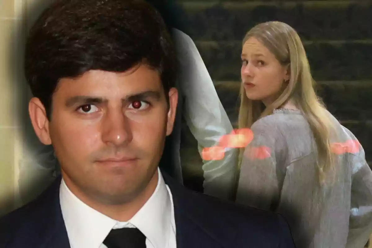 Close-up shot of Juan Urquijo in a black suit and Irene Urdangarin from behind in a gray jersey