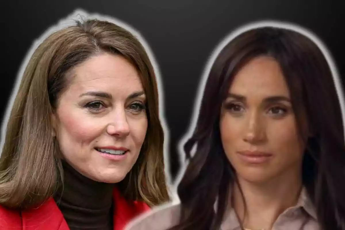 Kate Middleton y Meghan Markle con expresiones serias sobre un fondo oscuro. Kate Middleton y Meghan Markle con expresiones serias sobre un fondo oscuro.