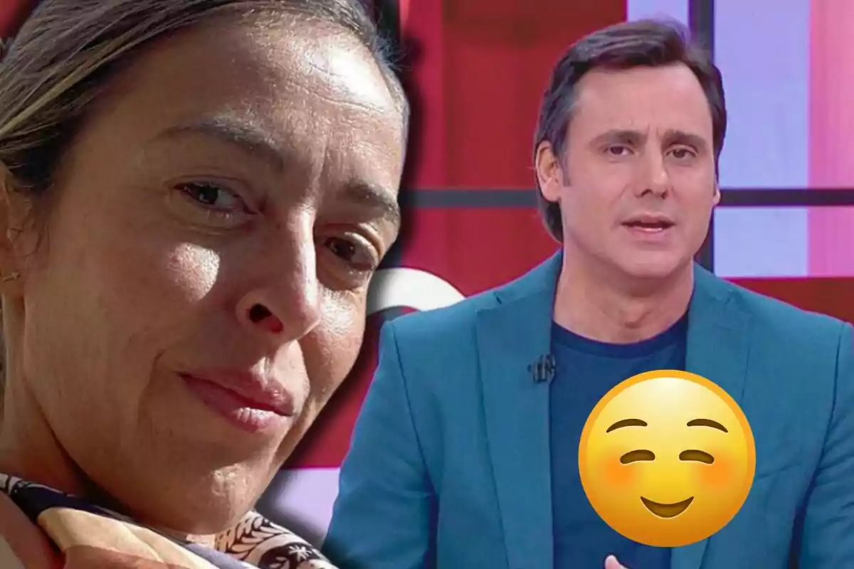 María Amores en primer plano y Ion Aramendi en un set de televisión con un emoji sonriente superpuesto.