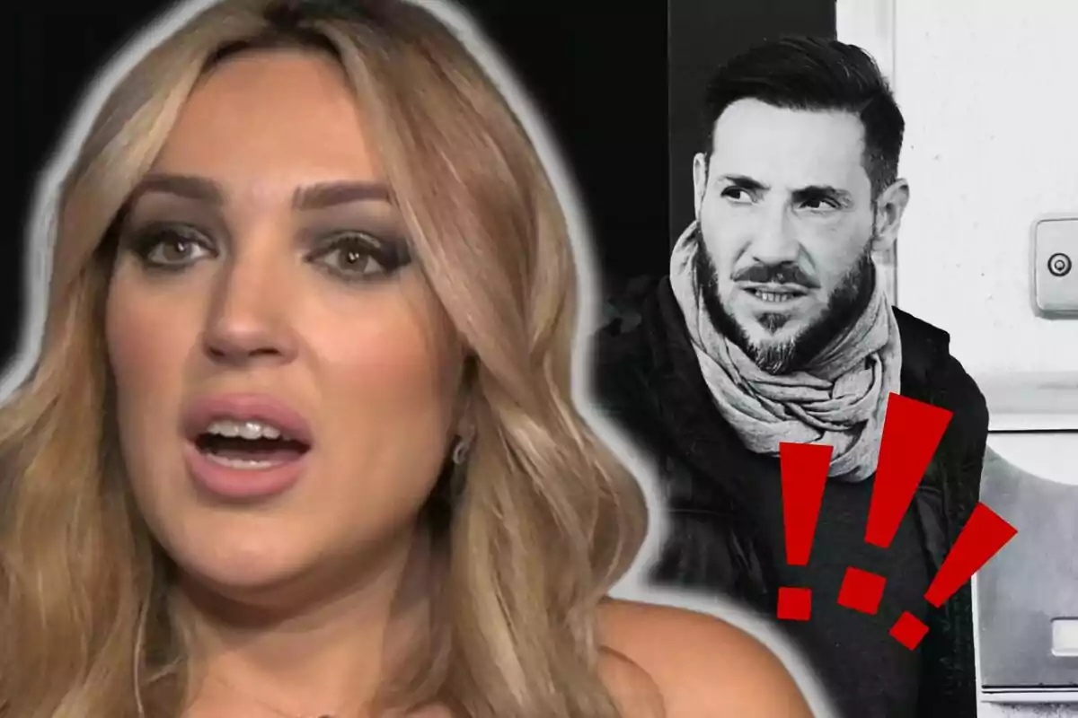 Marta Riesco amb expressió de sorpresa en primer pla i Antonio David Flores amb bufanda blanca i negra al fons al costat de signes d’exclamació vermells