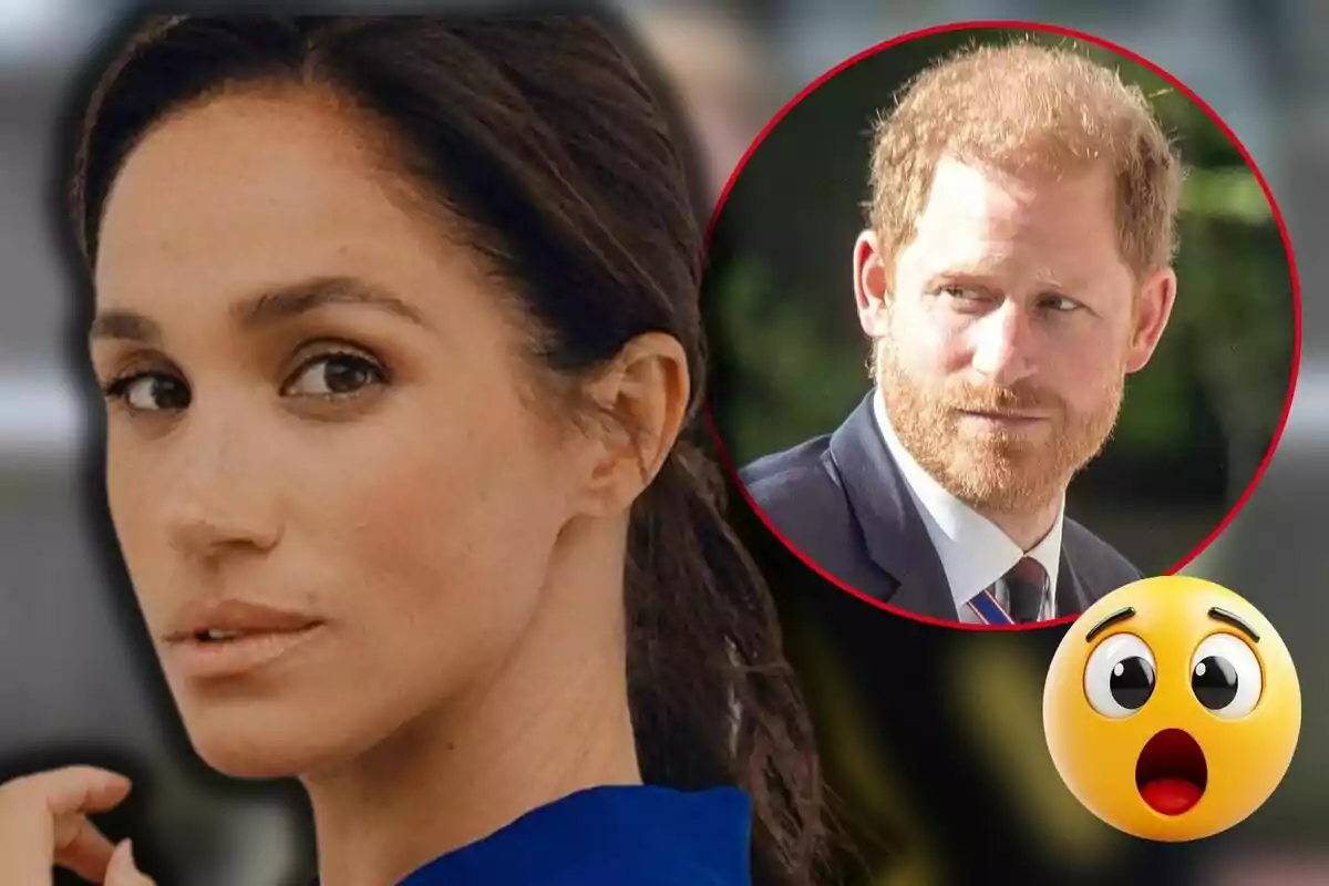 Meghan Markle looking back with Prince Harry in a red circle in the top right corner and a surprised emoji in the bottom right.