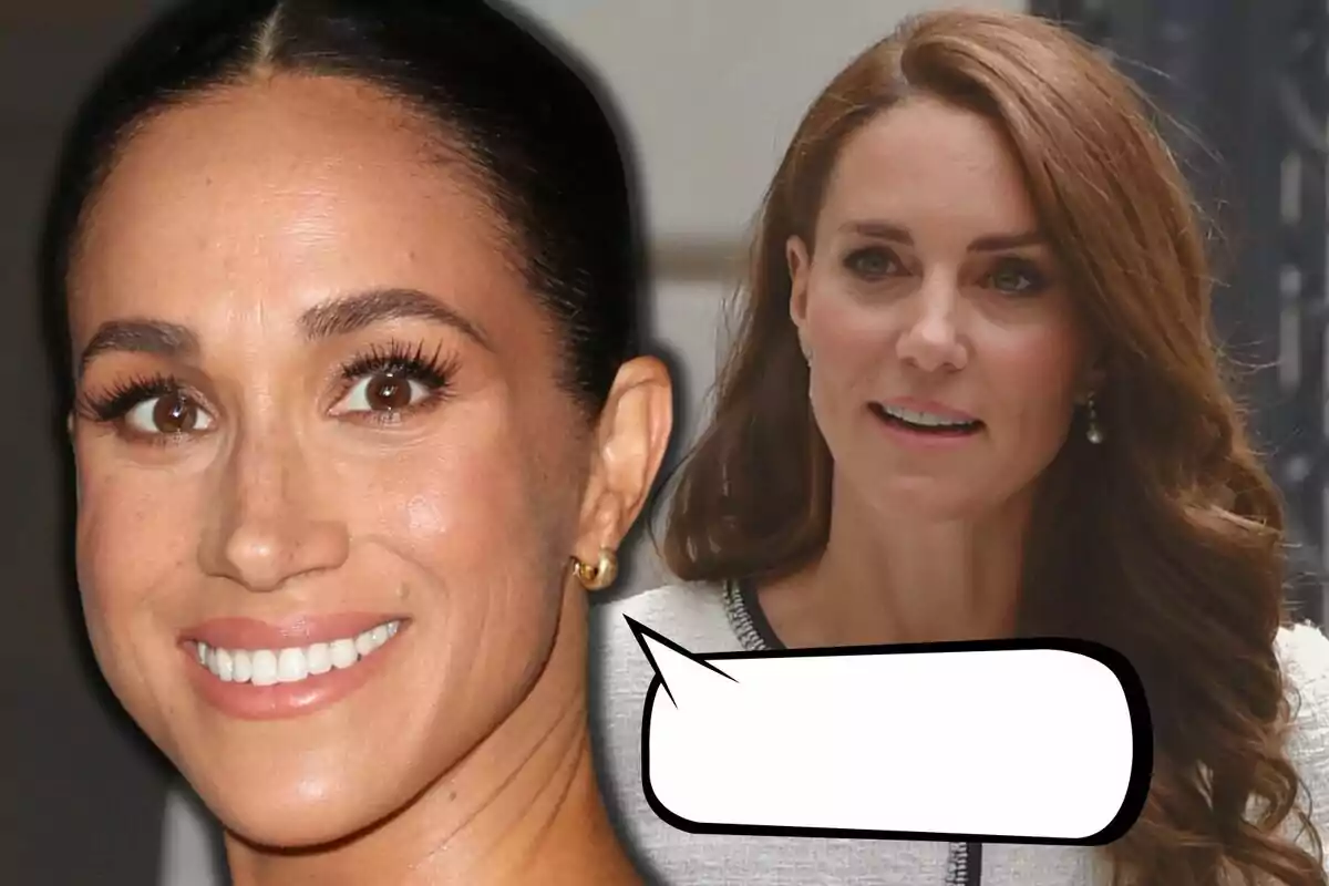Meghan Markle y Kate Middleton sonrientes con un globo de diálogo vacío.