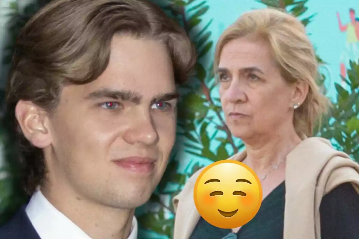 Miguel Urdangarin and Infanta Cristina appear in the image, one of them is a young man with light brown hair and the other is a middle-aged blonde woman, with a smiling face emoji superimposed.