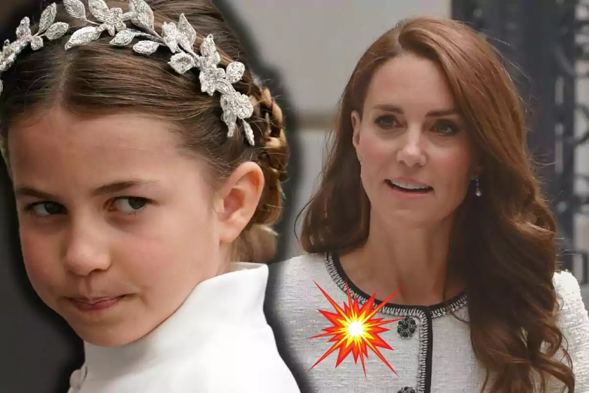 Princess Charlotte with a silver leaf headband and Kate Middleton in a light-colored dress.
