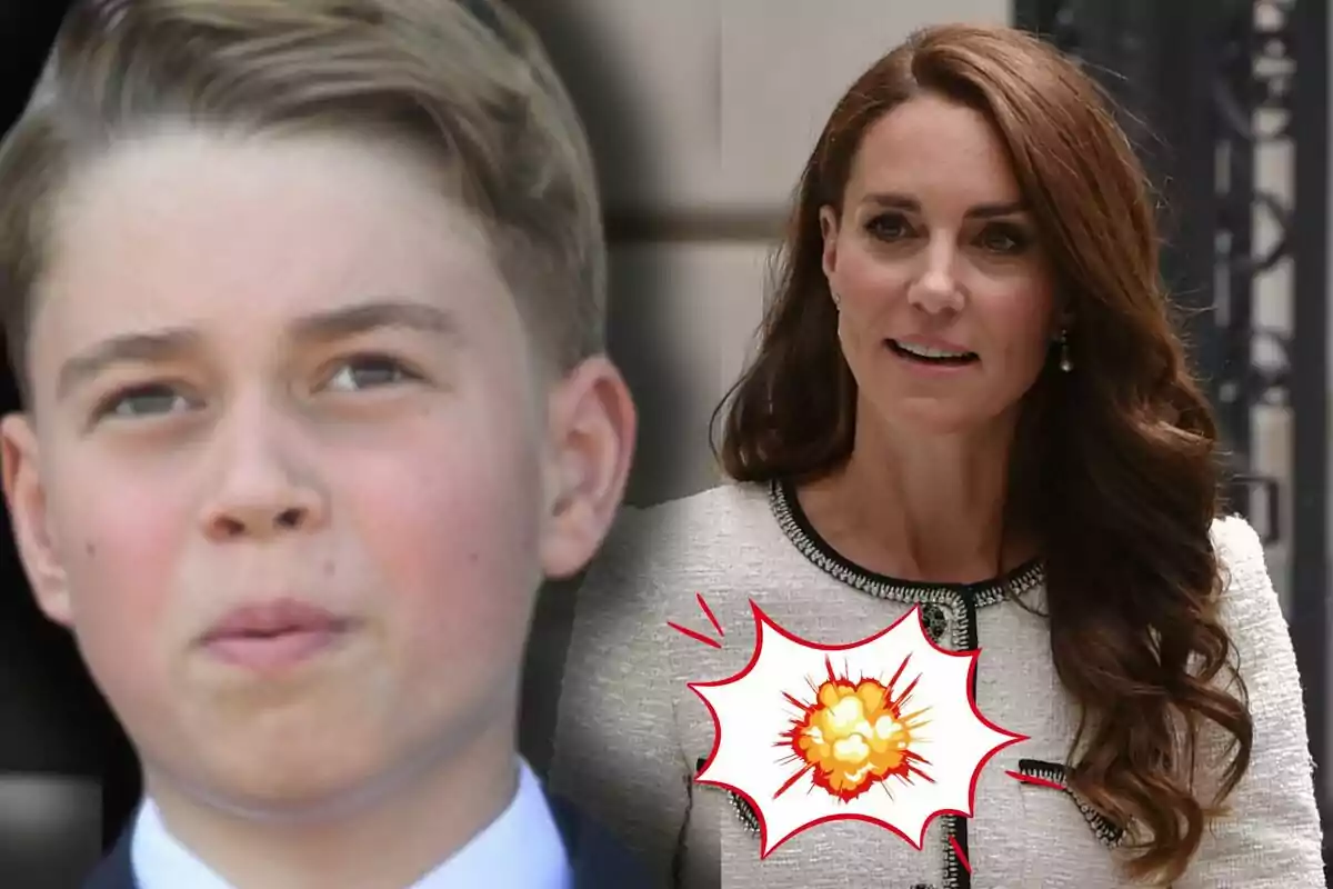 El príncipe George con expresión seria aparece en primer plano mientras Kate Middleton está al fondo, sobre su ropa hay una ilustración de explosión.
