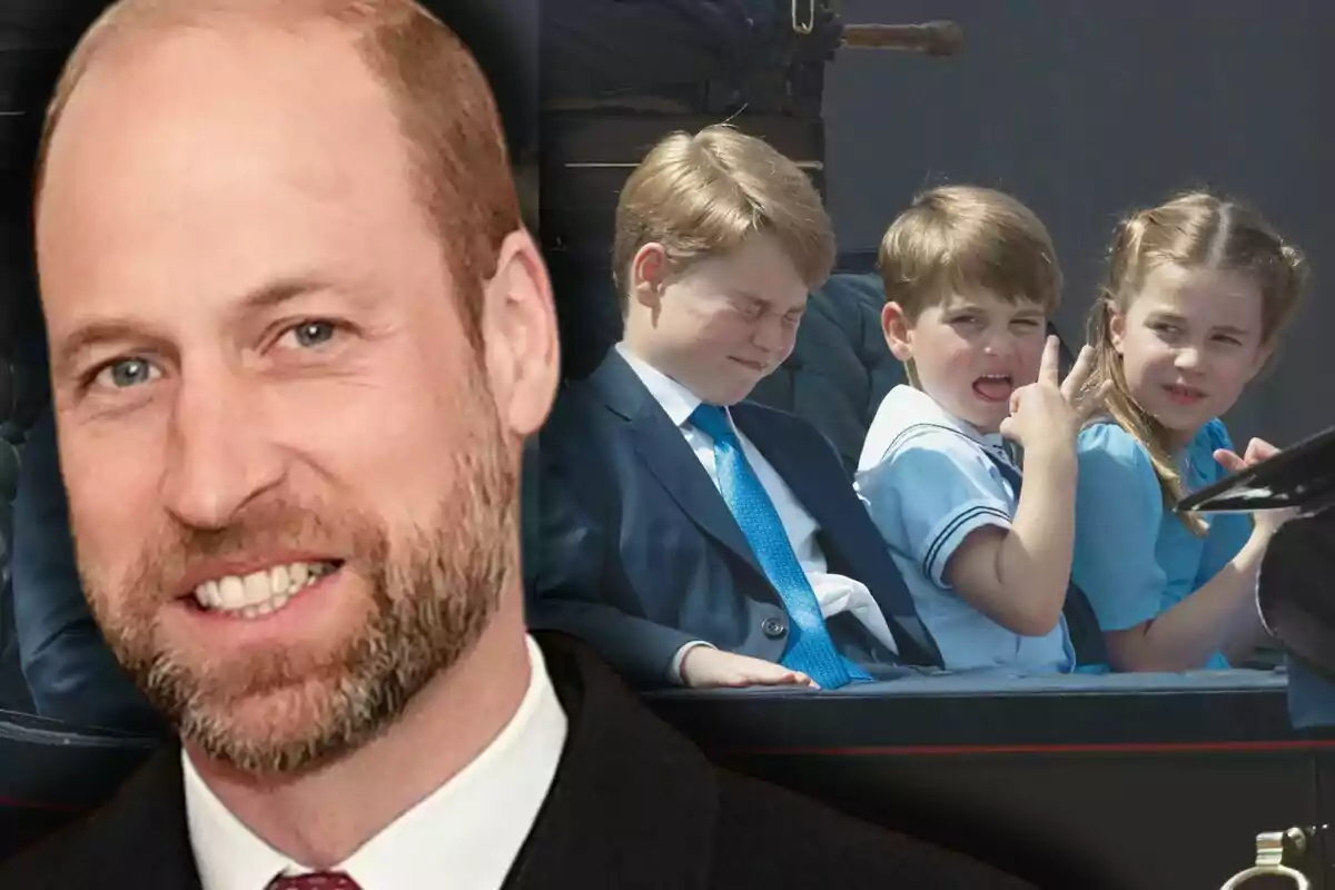 El príncep Guillem somrient amb barba en primer pla i els prínceps George, Louis i Charlotte asseguts en un carruatge al fons, un d’ells fent un gest divertit amb la mà.