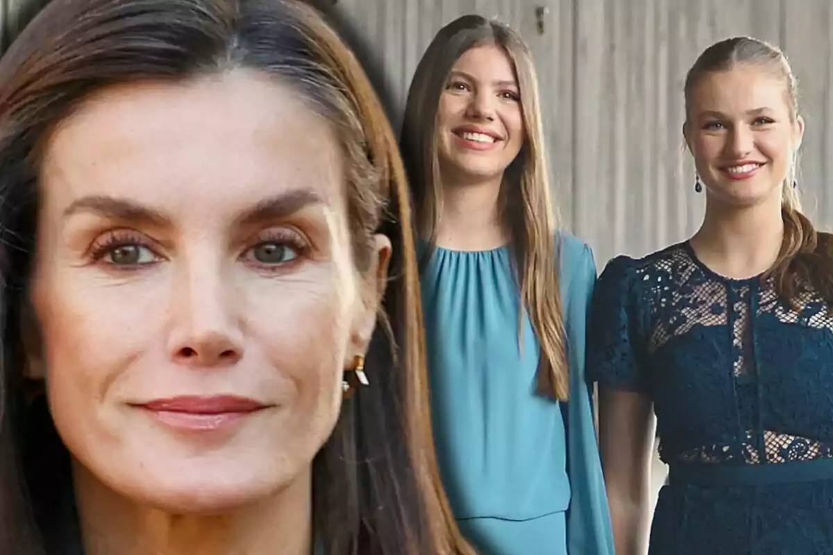 La reina Letícia, la infanta Sofia i la princesa Leonor posen juntes, una en primer pla i dues al fons, totes amb expressions somrients i vestides elegantment.
