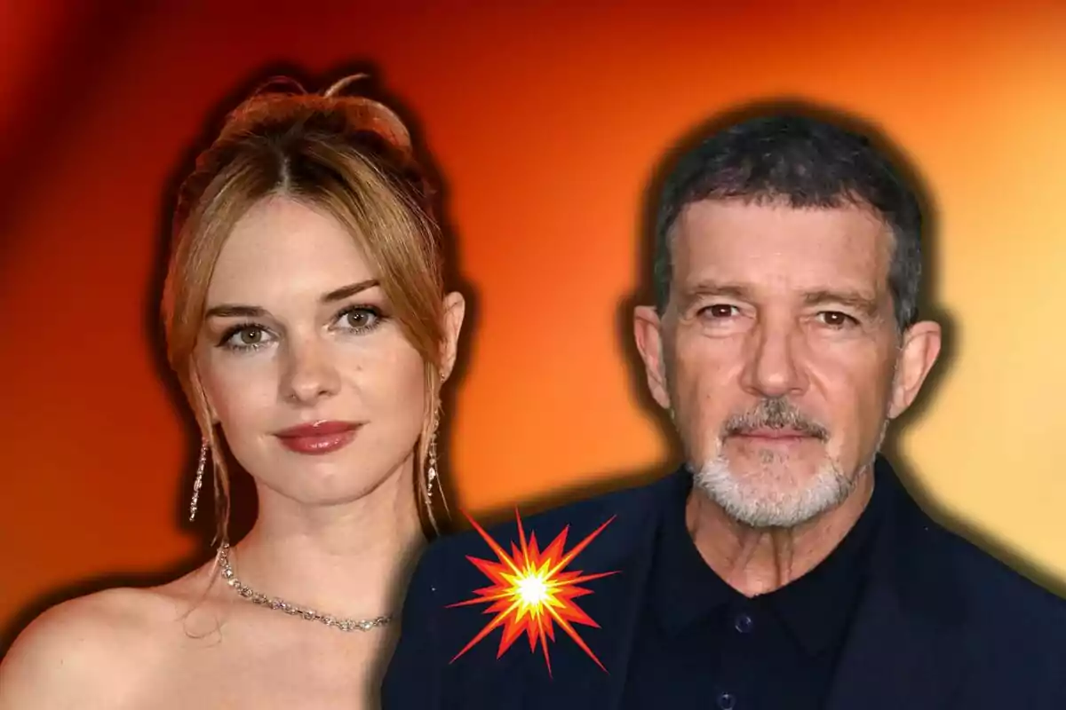 Stella del Carmen i Antonio Banderas posen juntes davant d'un fons degradat en tons taronges i grocs amb un efecte d'explosió gràfica al centre.
