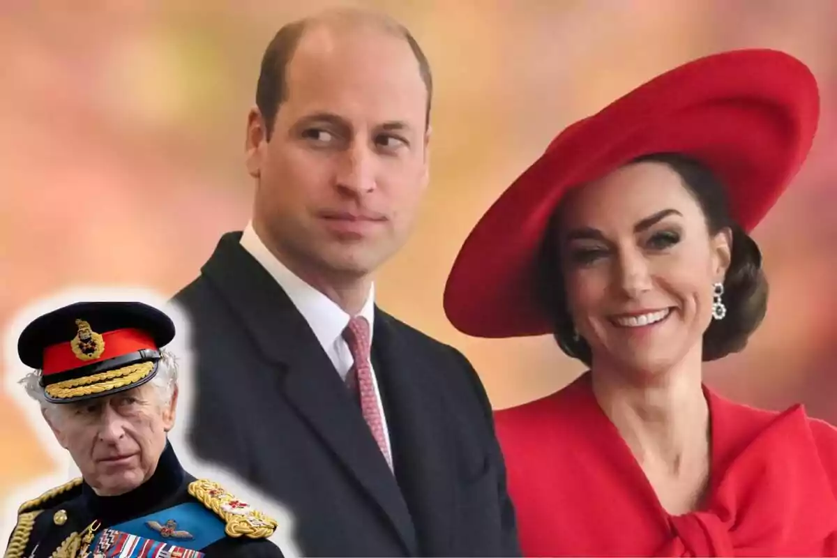 Una pareja vestida elegantemente, con la mujer usando un sombrero rojo, y un hombre mayor en uniforme militar con gorra.