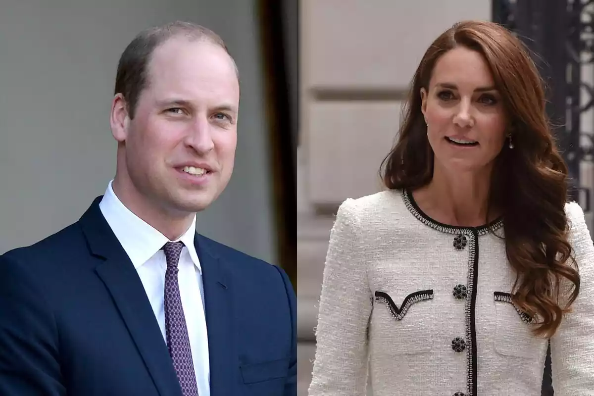 Montage of Prince William smiling in a suit on the street and next to it a photo of Kate Middleton dressed formally on the street with her mouth open Montage of Prince William smiling in a suit on the street and next to it a photo of Kate Middleton dressed formally on the street with her mouth open