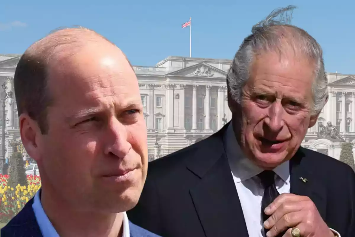 Dos homes de cabell curt i canós són davant d’un edifici històric amb una bandera britànica onejant a la part superior