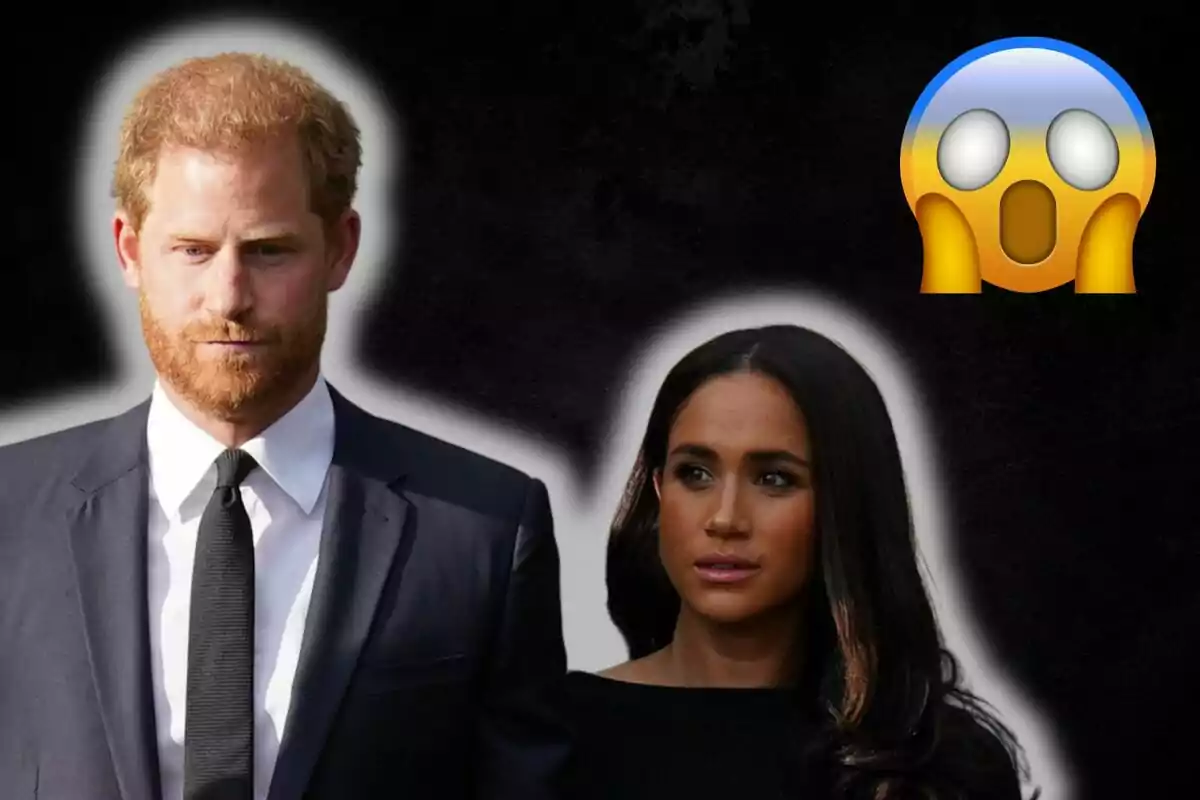 El príncep Harry i Meghan Markle vestida de manera formal amb un emoji de sorpresa al fons.