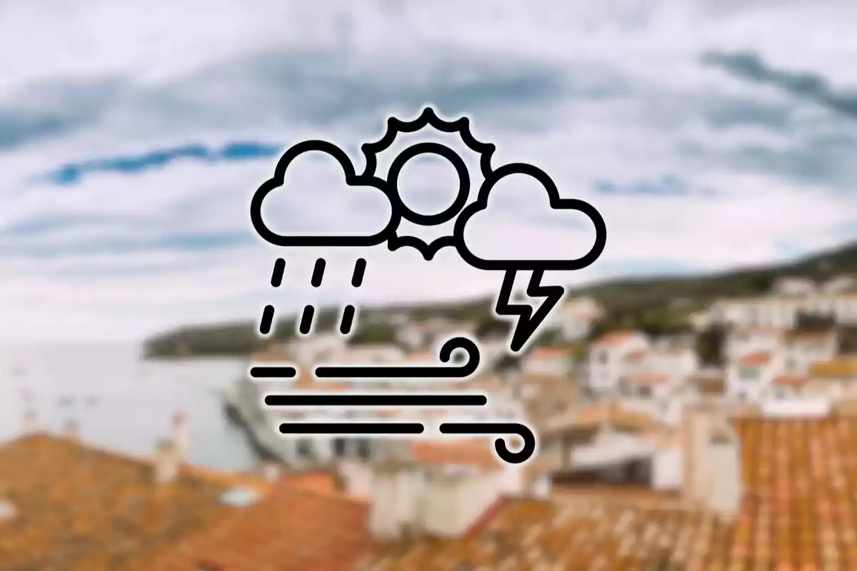 Iconos de clima variado con nubes, sol, lluvia, viento y relámpago sobre un fondo de paisaje urbano borroso.