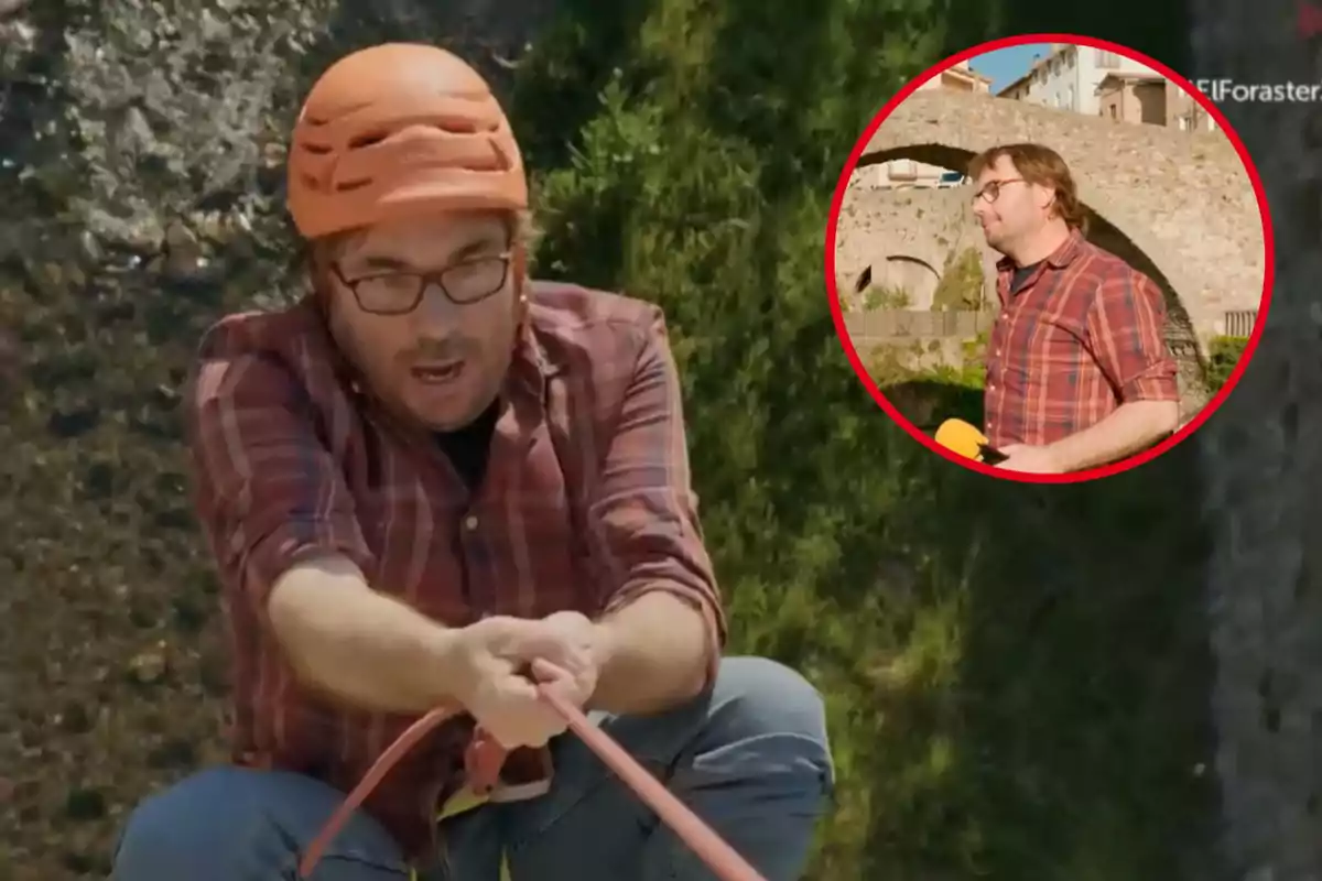 Hombre con casco naranja y camisa a cuadros realizando una actividad al aire libre con una cuerda, con un recuadro que muestra al mismo hombre en un entorno urbano.