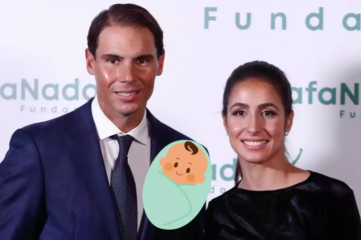 Montage with Rafa Nadal and Xisca Perelló, smiling, and a baby emoji superimposed.