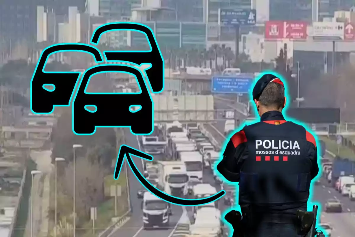 Un agent de policia observa un embús en una carretera urbana amb un gràfic de cotxes superposat.