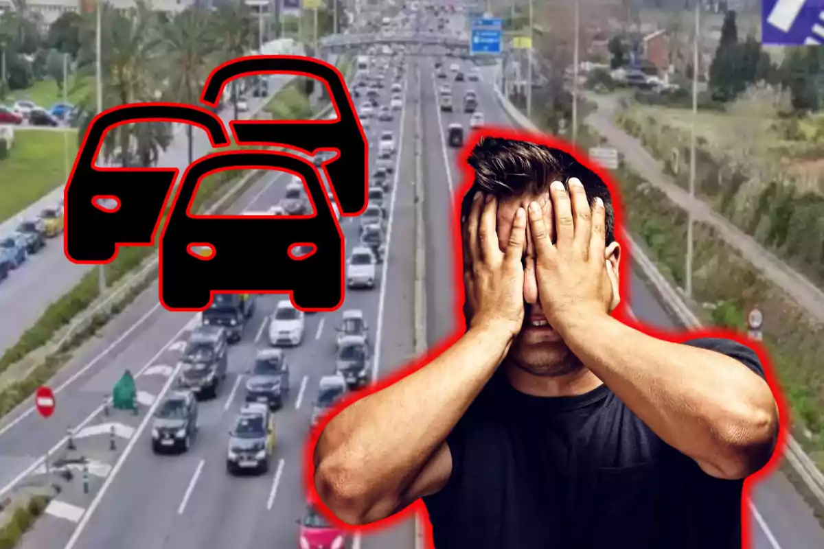 Un hombre con las manos en la cara parece frustrado mientras observa un tráfico denso en una autopista con un gráfico de autos superpuesto.