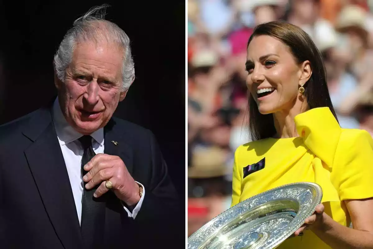 Muntatge amb el rei Carles III seriós en vestit negre i Kate Middleton rient amb un vestit groc Muntatge amb el rei Carles III seriós en vestit negre i Kate Middleton rient amb un vestit groc