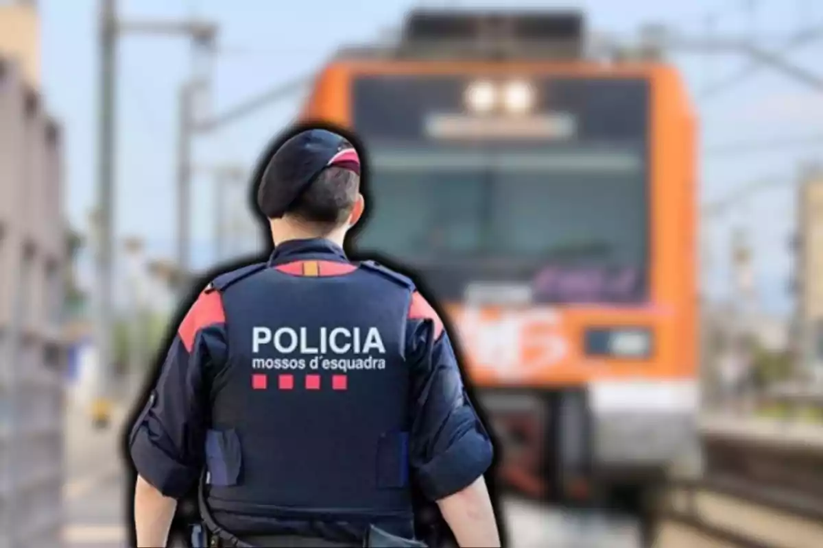 Un agente de policía de espaldas frente a un tren en una estación.