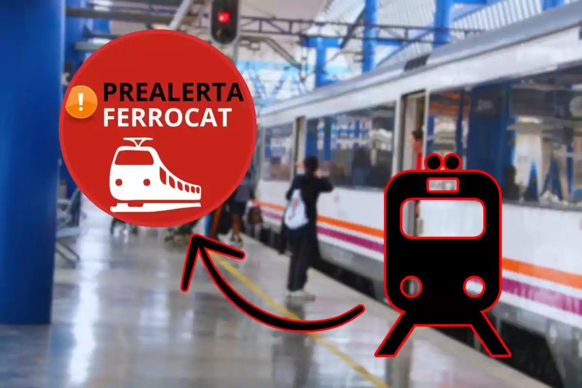 Una estació de tren amb un cartell vermell que diu "Prealerta Ferrocat" i una icona de tren.