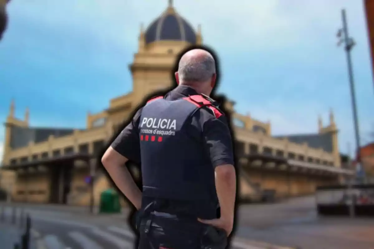 Un agent de policia d?esquena amb un edifici històric al fons.