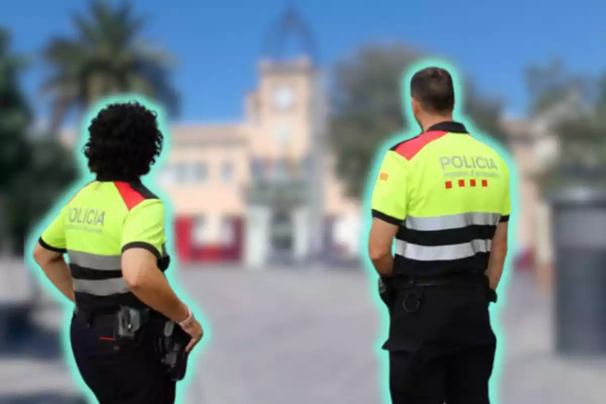 Dos agents de policia amb uniformes grocs i negres d?esquena en una plaça amb un edifici al fons.